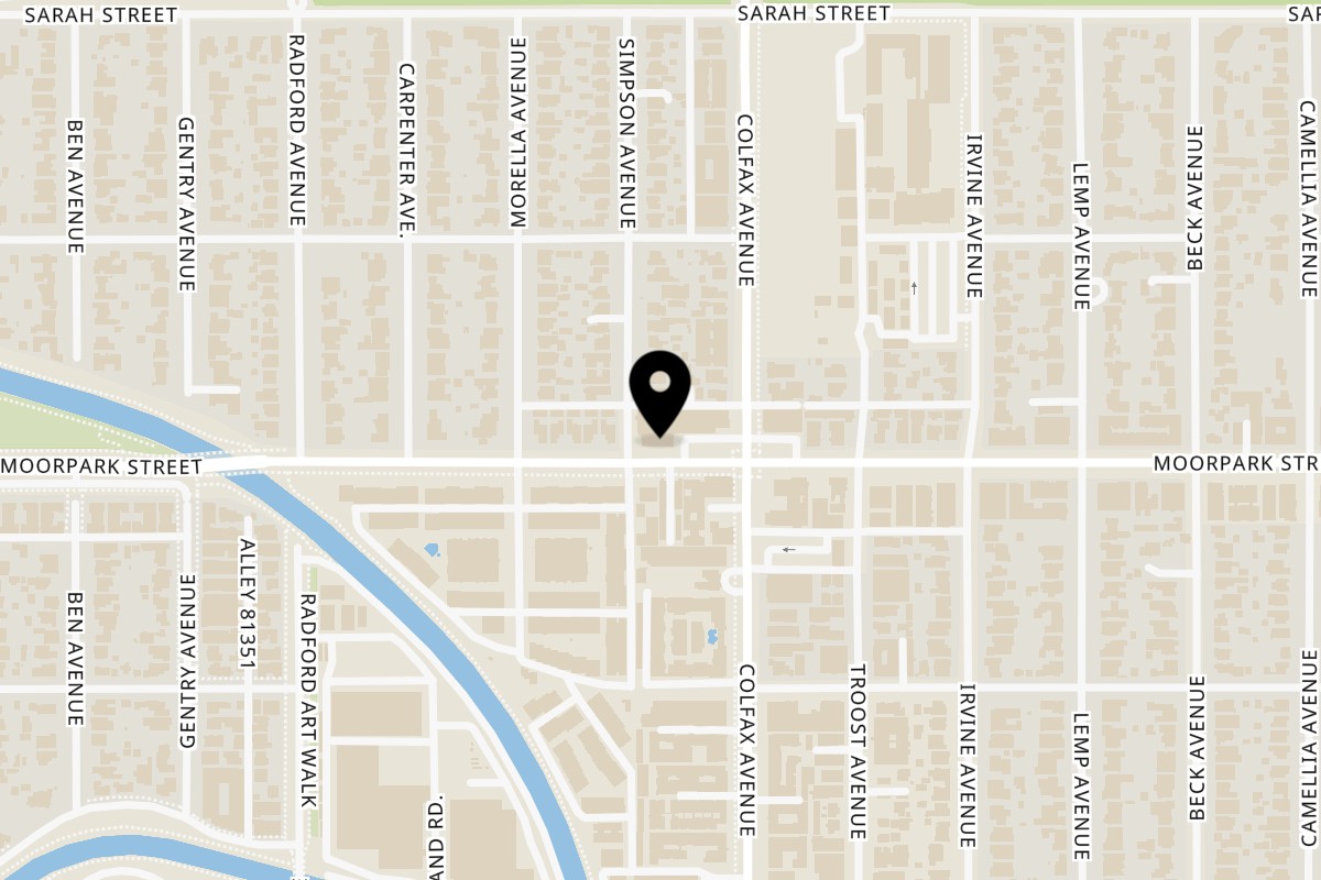 Map showing the location of Studio Tacos on 11723 Moorpark St in Studio City